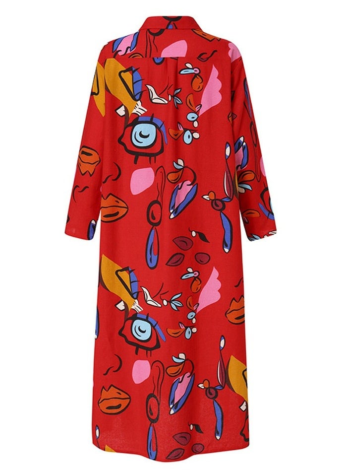 Womens Printed Long Sleeve Stand Collar Button Dresses Loose Maxi Dress