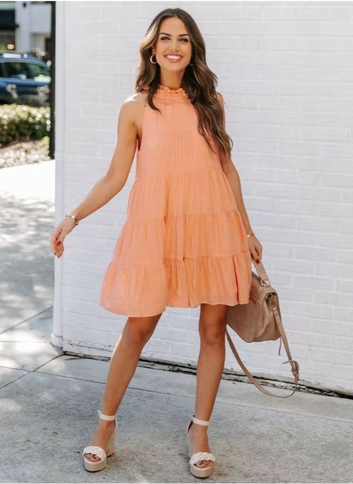 Womens Solid Loose Sleeveless Dresses Wide Hem Ruffled Mini Dress Orange