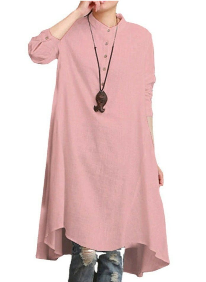 Womens Solid Loose Long Sleeve Stand Collar Dresses Wide Hem Dress Pink