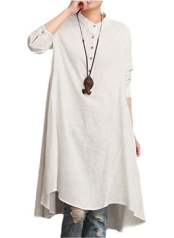 Womens Solid Loose Long Sleeve Stand Collar Dresses Wide Hem Dress White