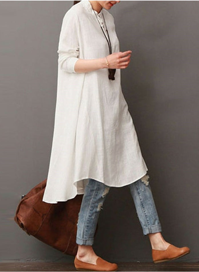 Womens Solid Loose Long Sleeve Stand Collar Dresses Wide Hem Dress White