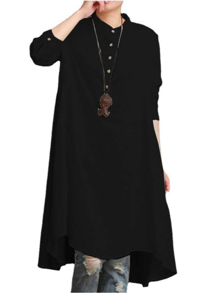 Womens Solid Loose Long Sleeve Stand Collar Dresses Wide Hem Dress Black