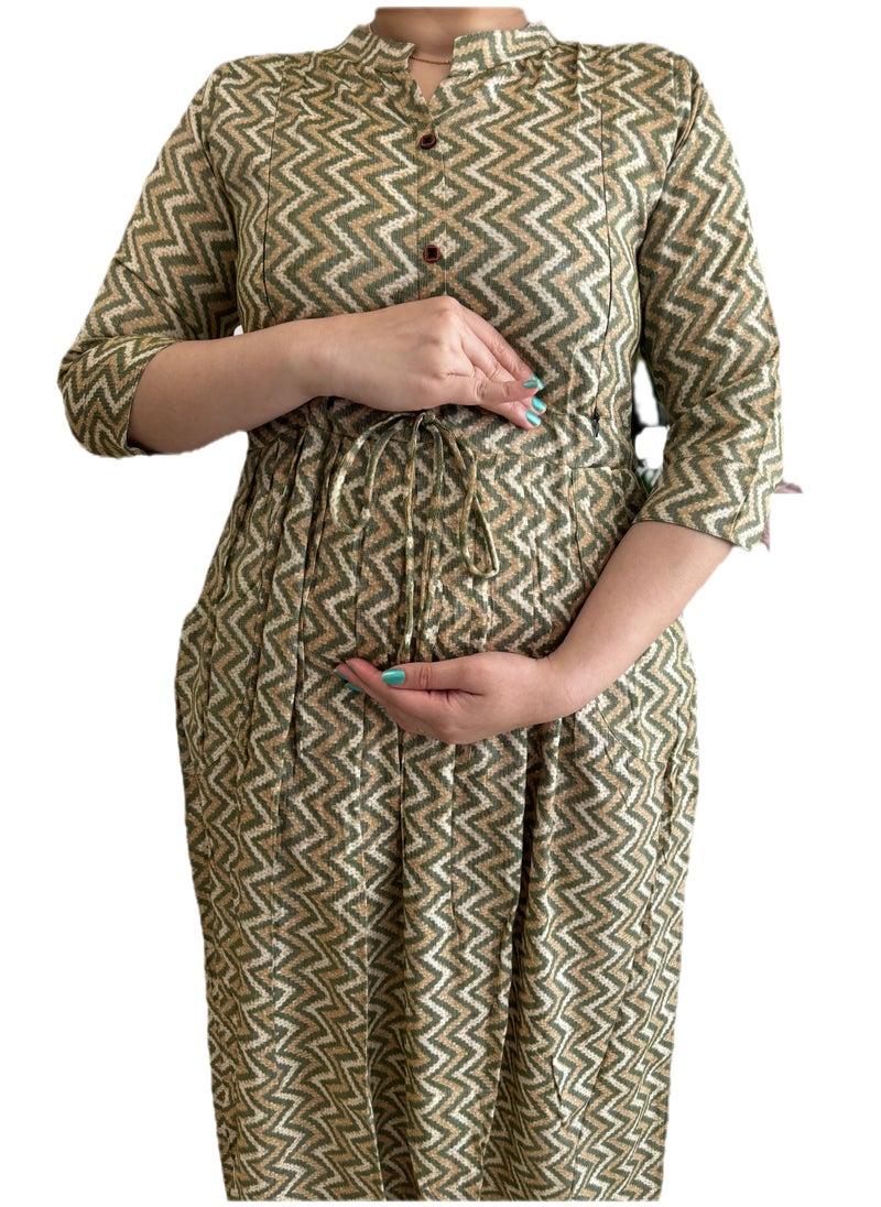 Zebees Zig-Zag Patterned Maternity & Feeding Dress, Olive Green and Beige, Size L, Comfortable & Stylish