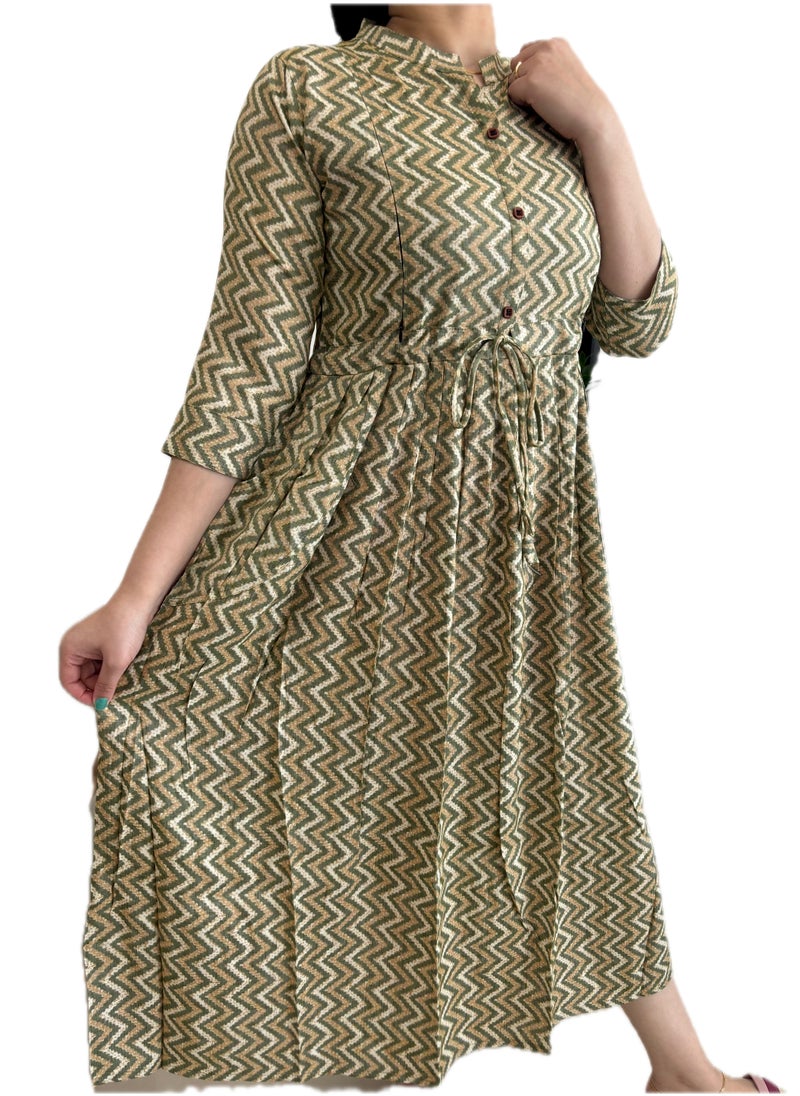 Zebees Zig-Zag Patterned Maternity & Feeding Dress, Olive Green and Beige, Size L, Comfortable & Stylish