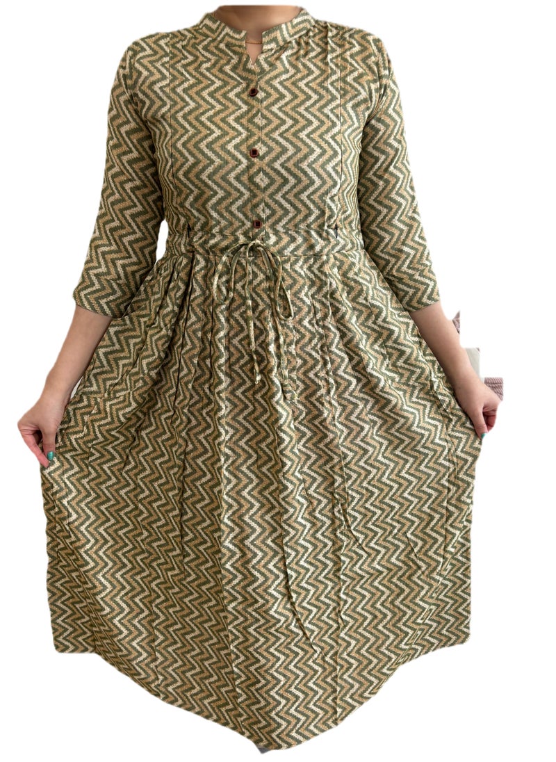 Zebees Zig-Zag Patterned Maternity & Feeding Dress, Olive Green and Beige, Size L, Comfortable & Stylish