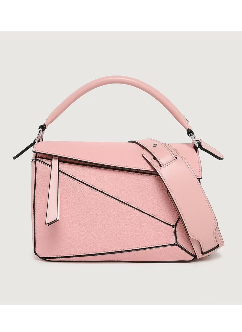 Ladies' Fashion Geometric Pattern Splicing Lychee Patterned Bag Handbag Single Shoulder Crossbody Bags Pink