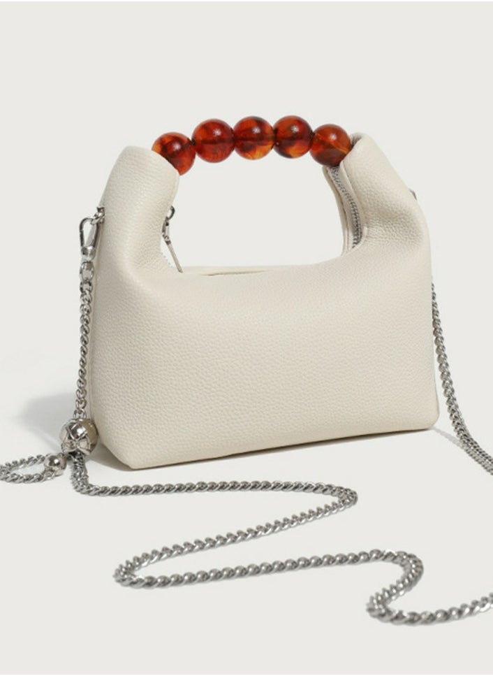 Ladies' Cute Beaded Handbag Single Shoulder Crossbody Bag Cream White