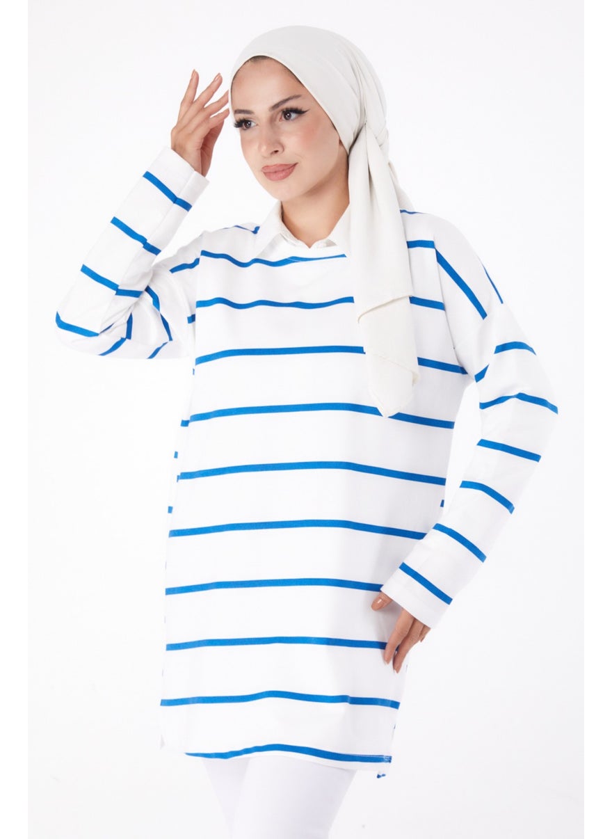 Plain Crew Neck Women's Blue Striped Sweat - 26243