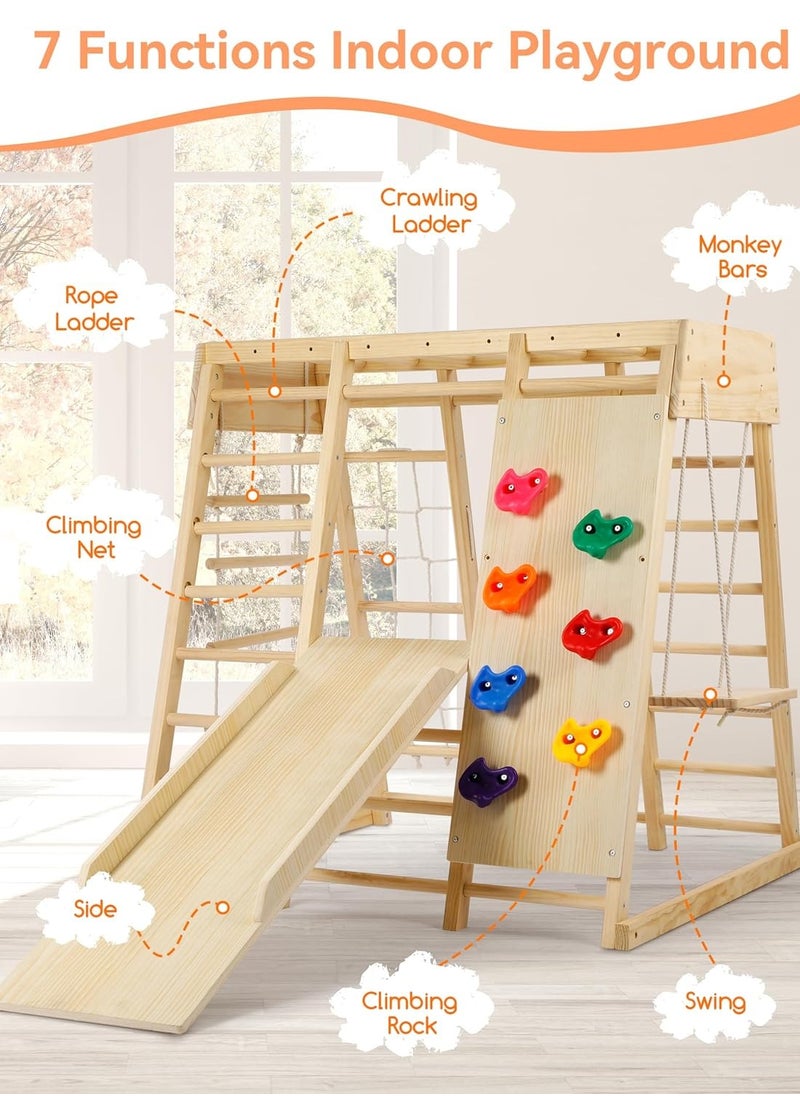 Indoor Jungle Gym, 7 Functions Wooden Baby Toddler Climbing Toys Montessori Climber Playset for Kids with Slide, Climbing Rock, Climbing Net, Monkey Bars, Crawing Ladder, Rope Ladder and Swing