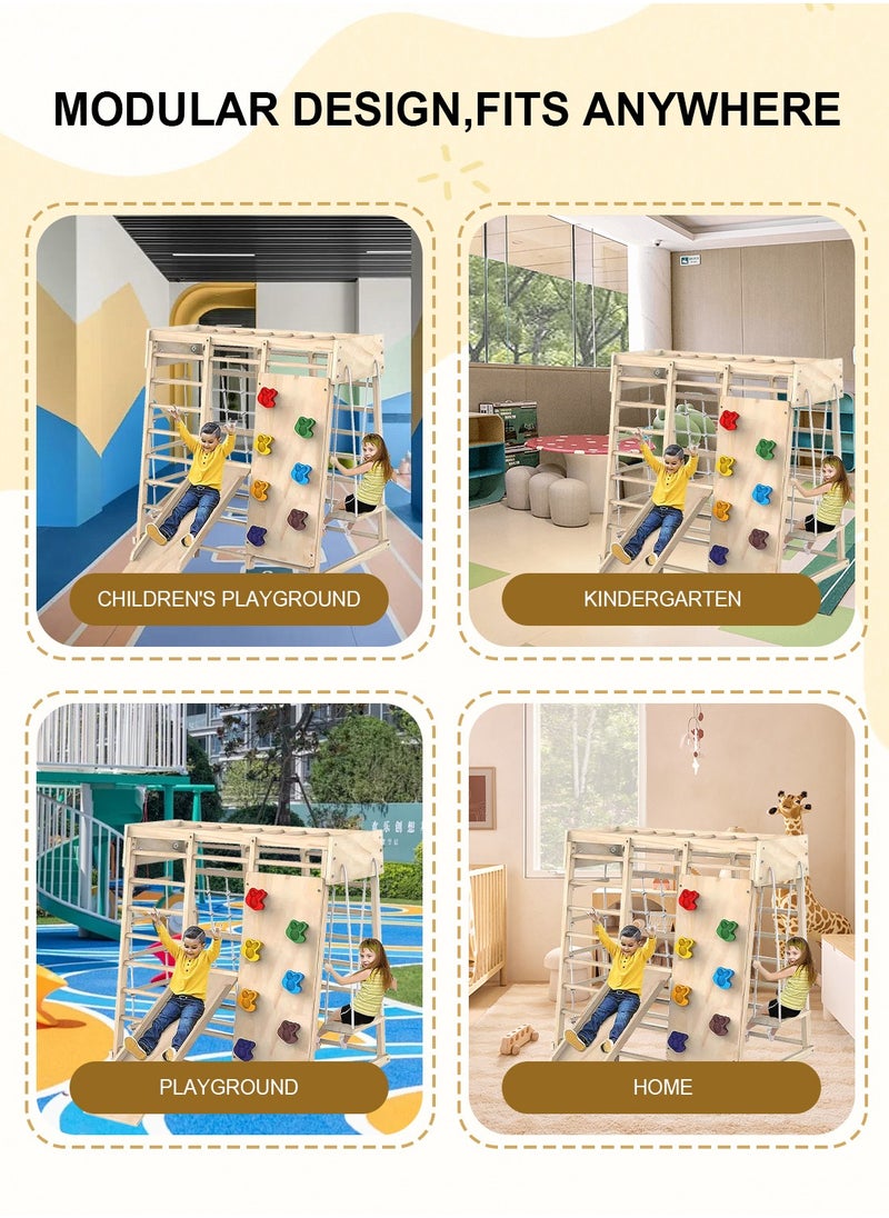 Indoor Jungle Gym, 7 Functions Wooden Baby Toddler Climbing Toys Montessori Climber Playset for Kids with Slide, Climbing Rock, Climbing Net, Monkey Bars, Crawing Ladder, Rope Ladder and Swing