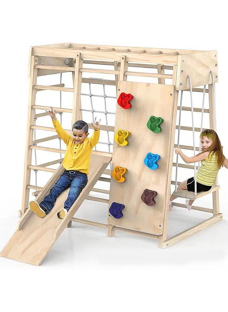 Indoor Jungle Gym, 7 Functions Wooden Baby Toddler Climbing Toys Montessori Climber Playset for Kids with Slide, Climbing Rock, Climbing Net, Monkey Bars, Crawing Ladder, Rope Ladder and Swing