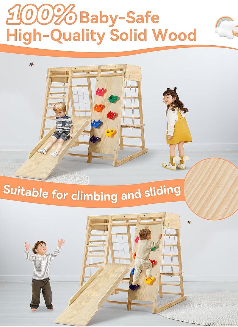 Indoor Jungle Gym, 7 Functions Wooden Baby Toddler Climbing Toys Montessori Climber Playset for Kids with Slide, Climbing Rock, Climbing Net, Monkey Bars, Crawing Ladder, Rope Ladder and Swing