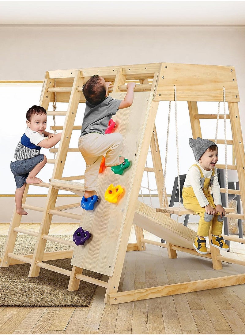 Indoor Jungle Gym, 7 Functions Wooden Baby Toddler Climbing Toys Montessori Climber Playset for Kids with Slide, Climbing Rock, Climbing Net, Monkey Bars, Crawing Ladder, Rope Ladder and Swing