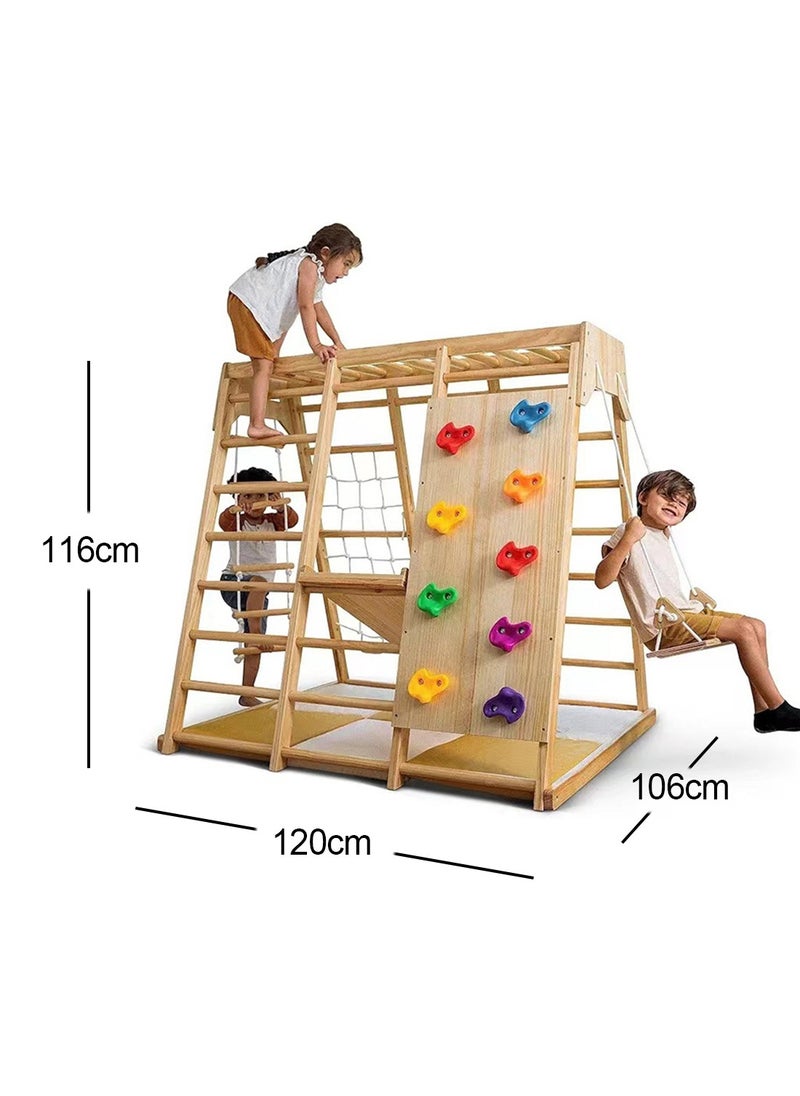 Indoor Jungle Gym Kids Toys 7 Functions Wooden Baby Toddler Climbing Toys Montessori Children Climbing Toy Set with Slide Climbing Rocks Climbing Net Horizontal Bar Climbing Ladder Rope Ladder and Swing