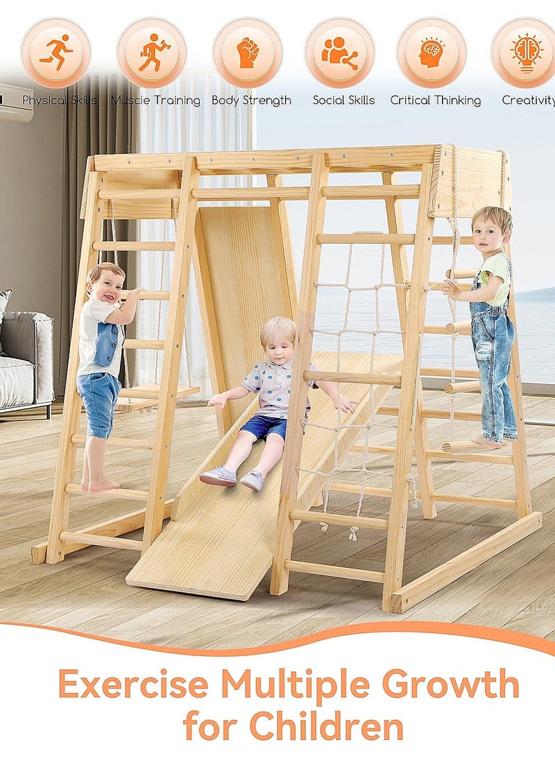 Indoor Jungle Gym, 7 Functions Wooden Baby Toddler Climbing Toys Montessori Climber Playset for Kids with Slide, Climbing Rock, Climbing Net, Monkey Bars, Crawing Ladder, Rope Ladder and Swing