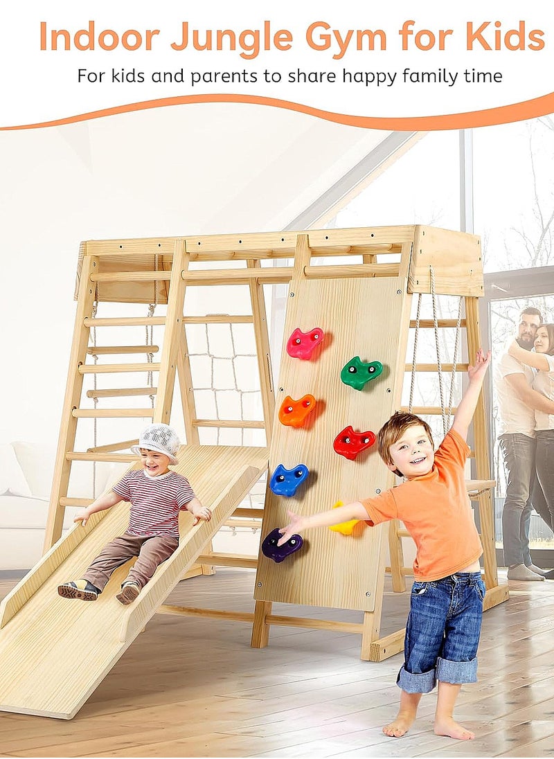 Indoor Jungle Gym, 7 Functions Wooden Baby Toddler Climbing Toys Montessori Climber Playset for Kids with Slide, Climbing Rock, Climbing Net, Monkey Bars, Crawing Ladder, Rope Ladder and Swing