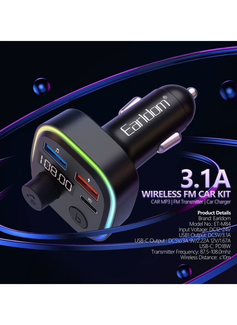 FM Transmitter Earldom ET-M84, Bluetooth, USB, Type-C, PD, 3.1A, Black