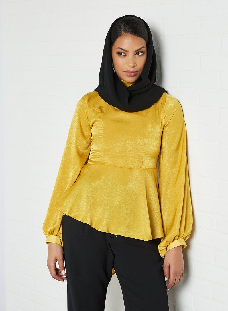 High-Low Hem Balloon Sleeve Blouse Mustard