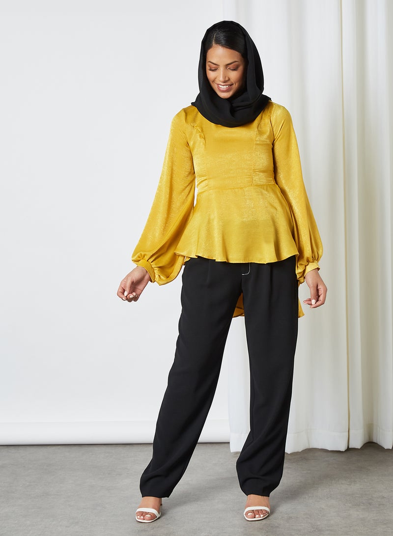 High-Low Hem Balloon Sleeve Blouse Mustard