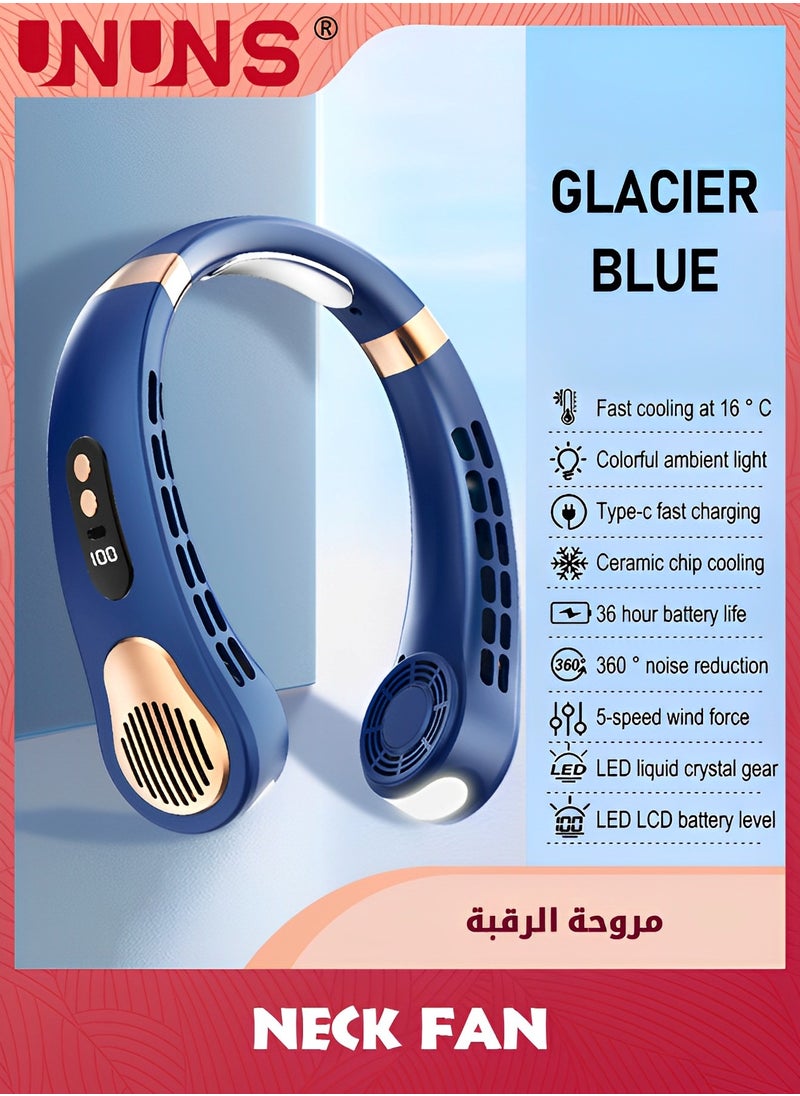 Neck Fan,Air Conditioner With Cooling Plates,5 Speeds Blow Cold Air Adjustable LED Light,USB Rechargeable Personal Fan For Women,Portable Camping Travel,Outdoor,Blue