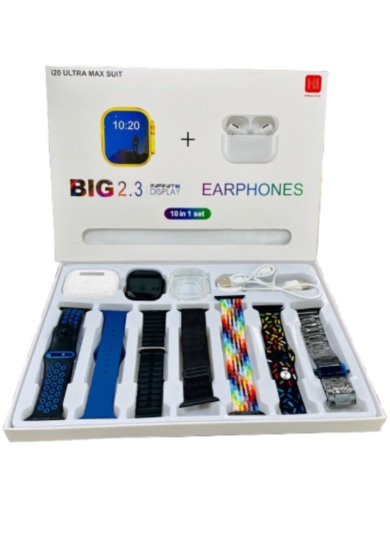 10 in1 Smart Watch Ultra with Earphones Or 10 Straps Full Touch Color Screen Bluetooth Calling Health and Sports Smartwatch Multicolor