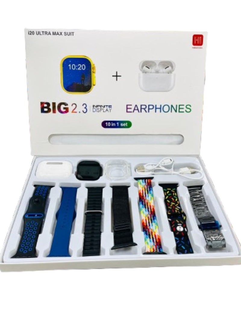 10 in1 Smart Watch Ultra with Earphones Or 10 Straps Full Touch Color Screen Bluetooth Calling Health and Sports Smartwatch Multicolor