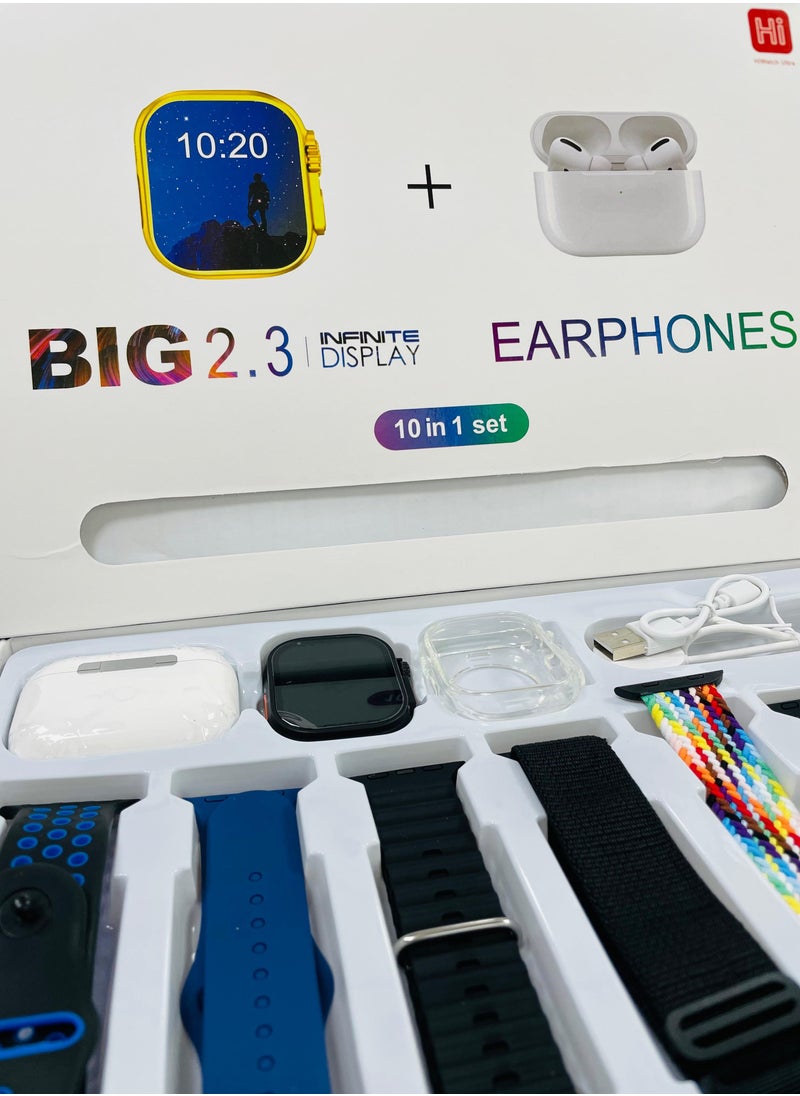 10 in1 Smart Watch Ultra with Earphones Or 10 Straps Full Touch Color Screen Bluetooth Calling Health and Sports Smartwatch Multicolor