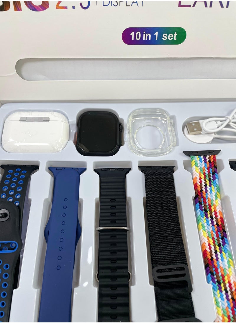 10 in1 Smart Watch Ultra with Earphones Or 10 Straps Full Touch Color Screen Bluetooth Calling Health and Sports Smartwatch Multicolor