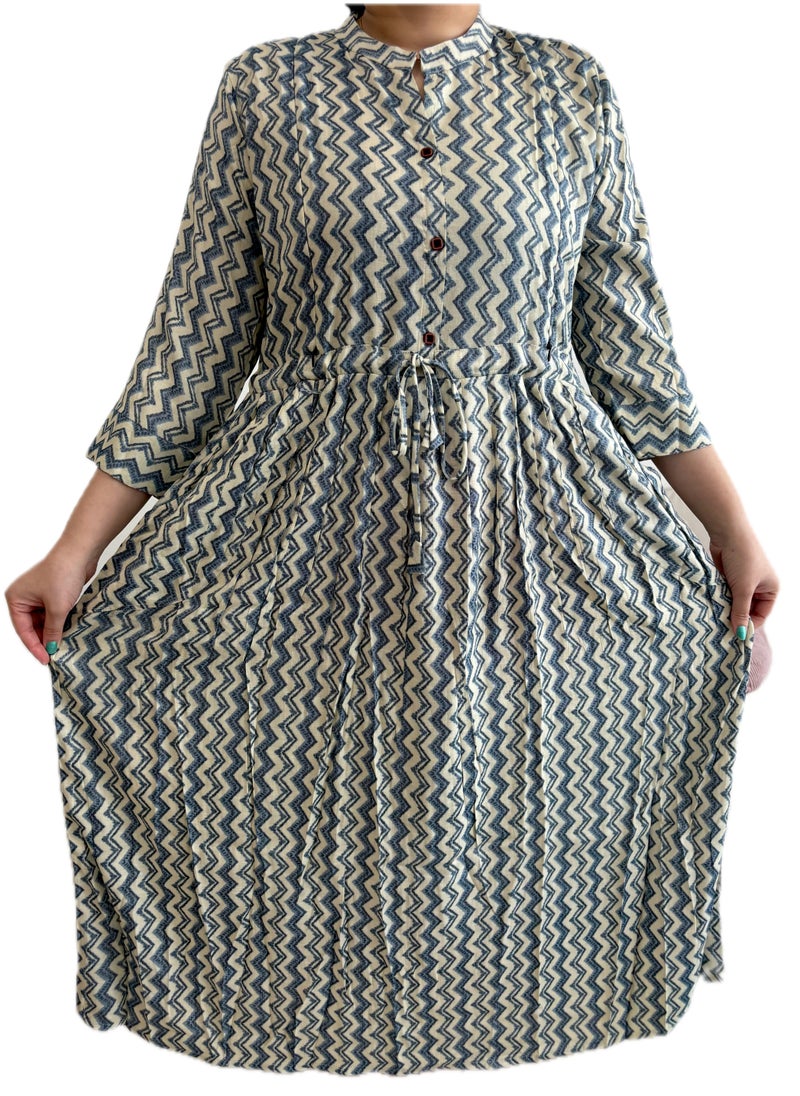 Zebees Zig-Zag Patterned Maternity & Feeding Dress, Blue and Beige, Size XXL, Comfortable & Stylish