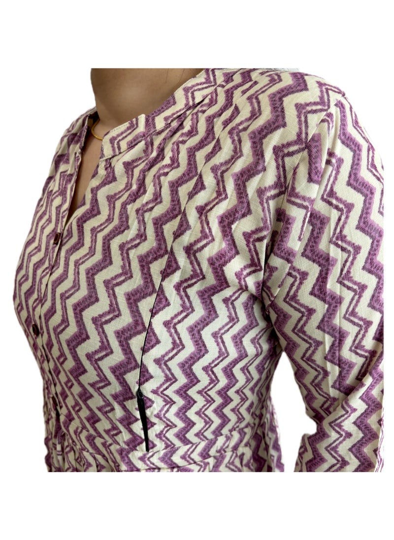 Zebees Zig Zag Patterne Maternity & Feeding Dress, Lavender and Beige, Size XL, Comfortable & Stylish