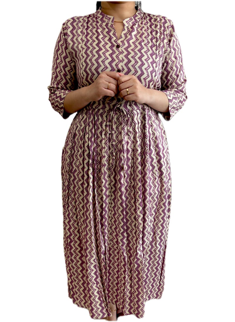 Zebees Zig Zag Patterne Maternity & Feeding Dress, Lavender and Beige, Size XL, Comfortable & Stylish