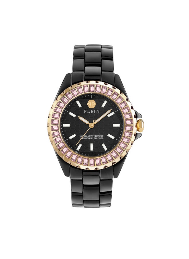 PLEIN HEAVEN Women's Watch, Black Ceramic Strap, Pink Crystal Bezel, 38mm Ceramic Case, 3-Hand Quartz Movement, 50m Water Resistance