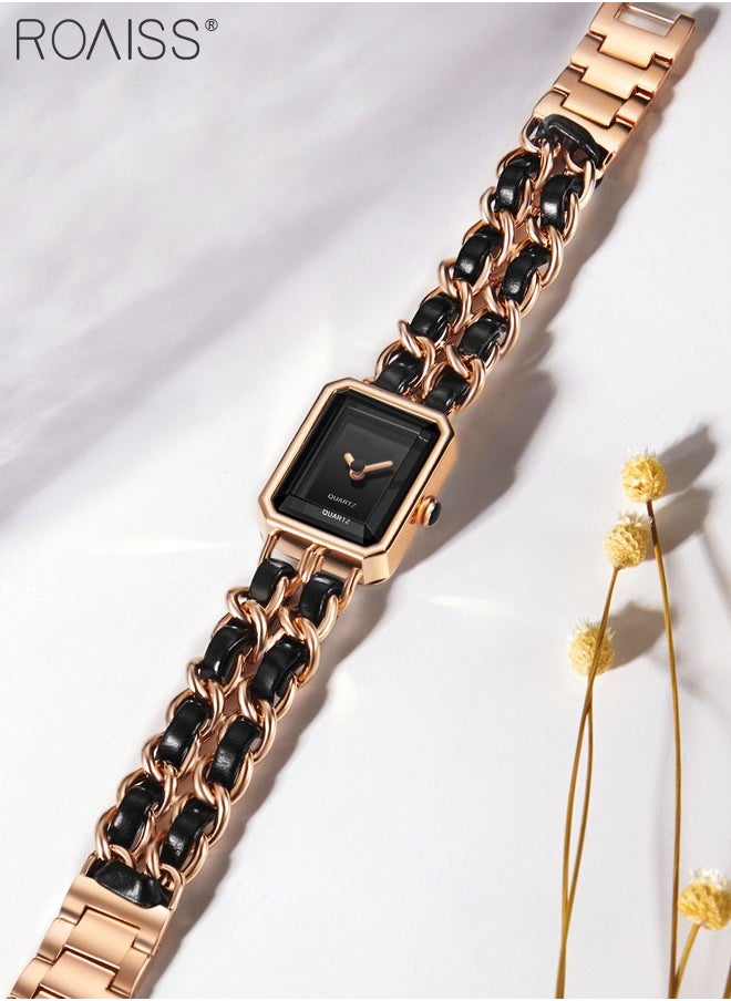 Women's Chain Braided Strap Quartz Watch Analog Display Rectangle Dial Waterproof Elegant Wristwatch as Gift for Ladies, Rose Gold Black