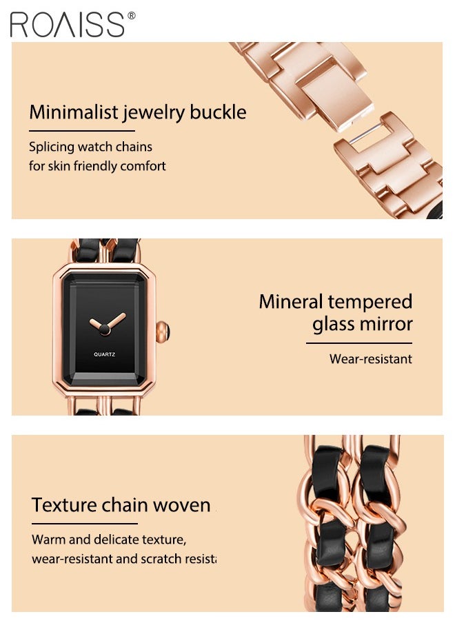 Women's Chain Braided Strap Quartz Watch Analog Display Rectangle Dial Waterproof Elegant Wristwatch as Gift for Ladies, Rose Gold Black