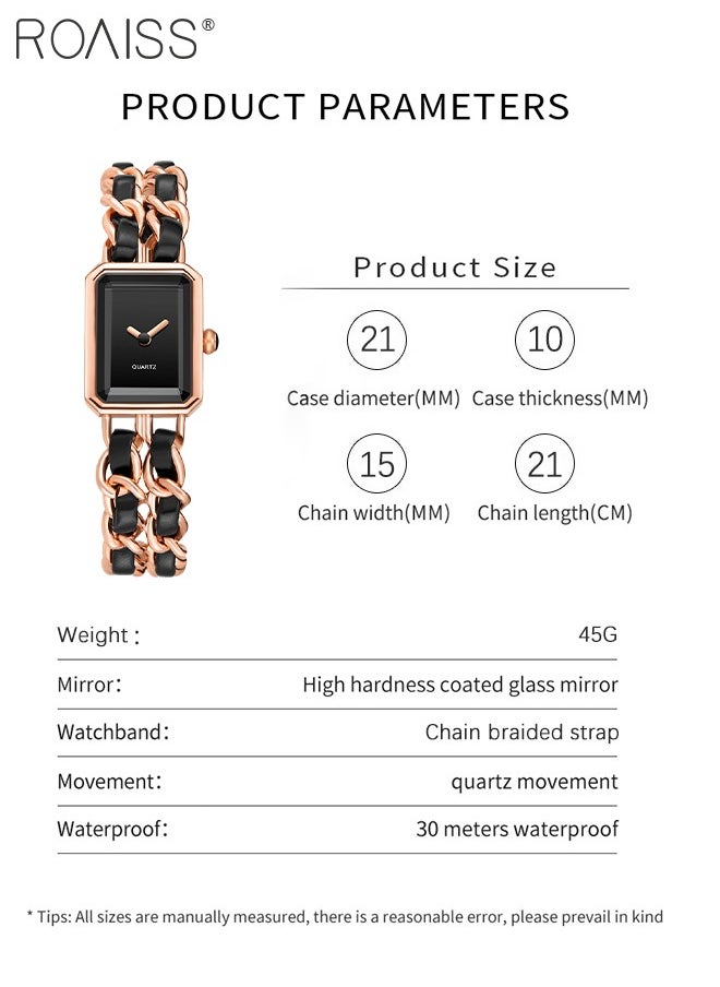 Women's Chain Braided Strap Quartz Watch Analog Display Rectangle Dial Waterproof Elegant Wristwatch as Gift for Ladies, Rose Gold Black