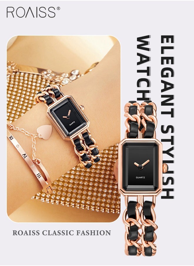 Women's Chain Braided Strap Quartz Watch Analog Display Rectangle Dial Waterproof Elegant Wristwatch as Gift for Ladies, Rose Gold Black