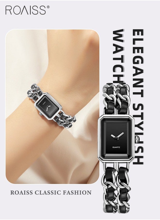 Women's Chain Braided Strap Quartz Watch Analog Display Rectangle Dial Waterproof Elegant Wristwatch as Gift for Ladies, Black Silver