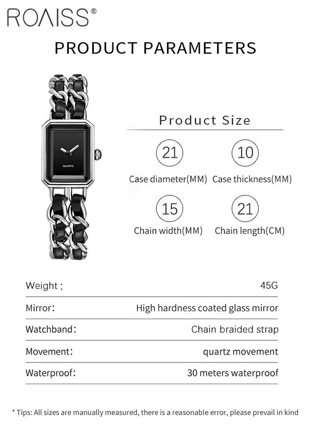 Women's Chain Braided Strap Quartz Watch Analog Display Rectangle Dial Waterproof Elegant Wristwatch as Gift for Ladies, Black Silver