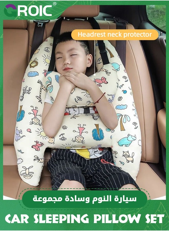 H-Shape Car Seat Pillow for Kids, Car Sleeping Head Support, Travel Neck Rest Car Pillows for Sleeping, Car Travel Pillow with Headrest for Kids and Adults (White Zoo)