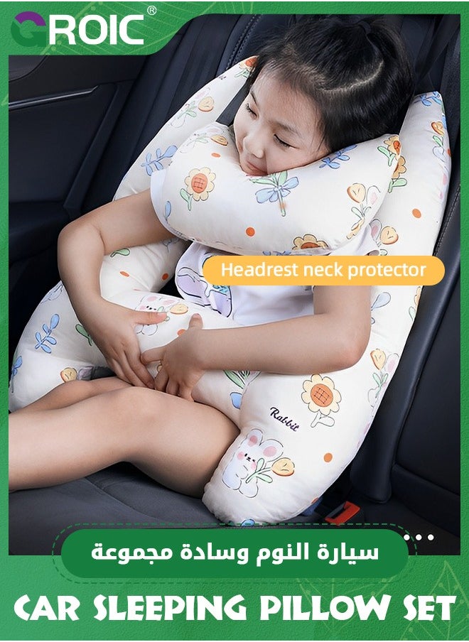 H-Shape Car Seat Pillow for Kids, Car Sleeping Head Support, Travel Neck Rest Car Pillows for Sleeping, Car Travel Pillow with Headrest for Kids and Adults (Sunflower Rabbit)