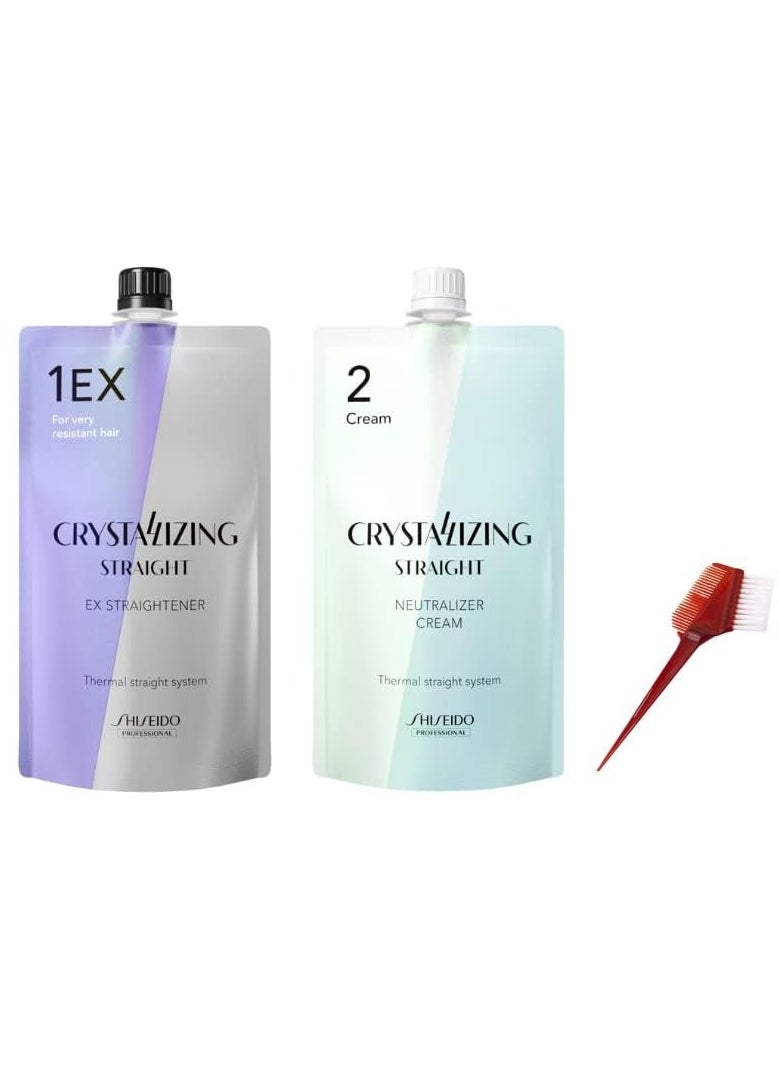 Japanese Hair Rebonding and Straightening Treatment - Permanent Crystallizing Straightener (1EX) with Neutralizing Cream (2) for Very Resistant Hair, Includes Hair Brush