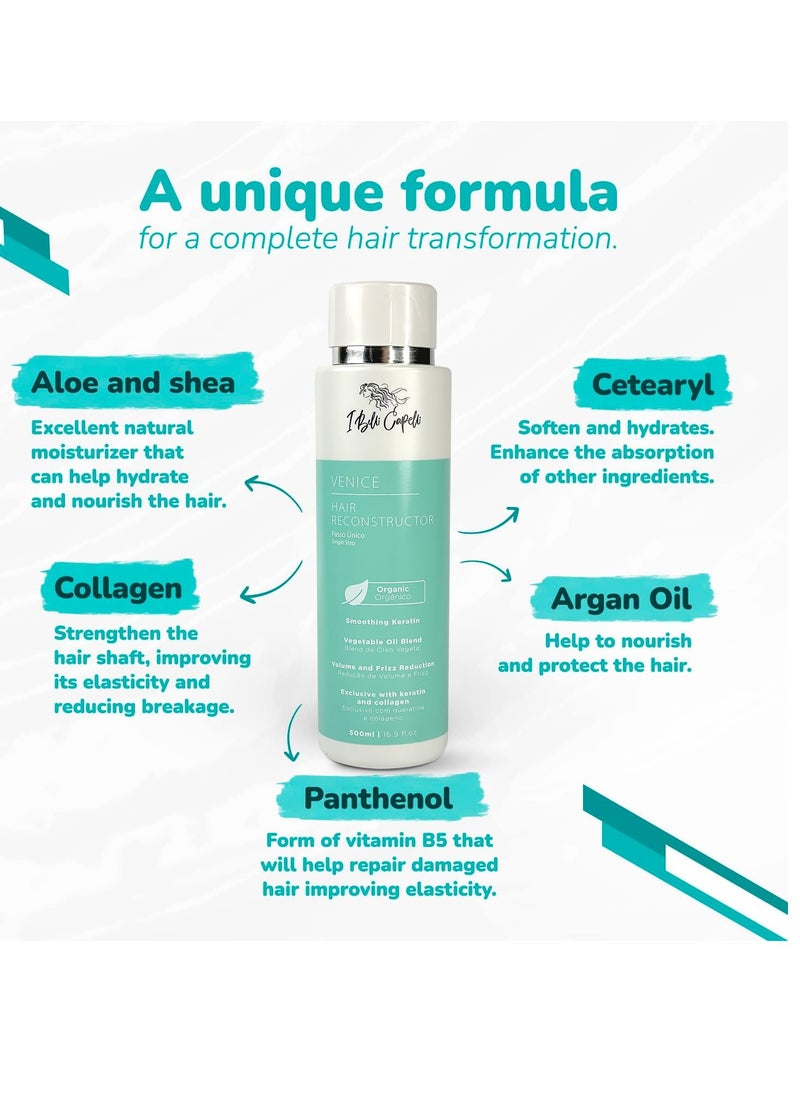 Venice Hair Reconstructor, Organic Keratin Hair Treatment Straightening in 1 Step- Formaldehyde Free, Keratina Organica, Keratina Para Alisar El Pelo Sin Formol (16.9 Fl Oz/ 500 ml)