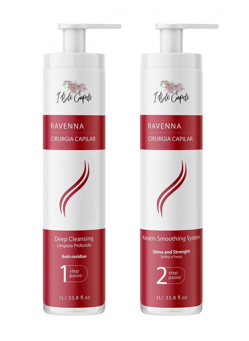 Ravenna Professional Keratin, Long-lasting Straightening Effect - Cirugia Capilar - Celulas Madres Straightener System - 2x1L/33.8