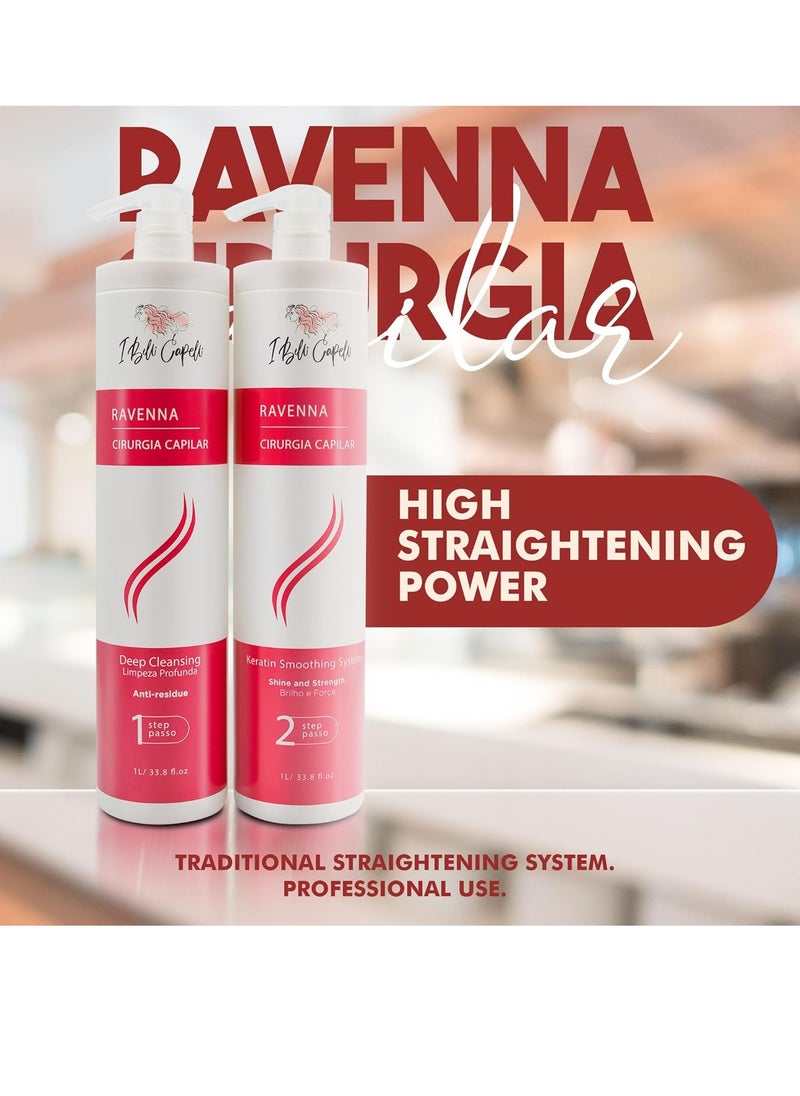 Ravenna Professional Keratin, Long-lasting Straightening Effect - Cirugia Capilar - Celulas Madres Straightener System - 2x1L/33.8