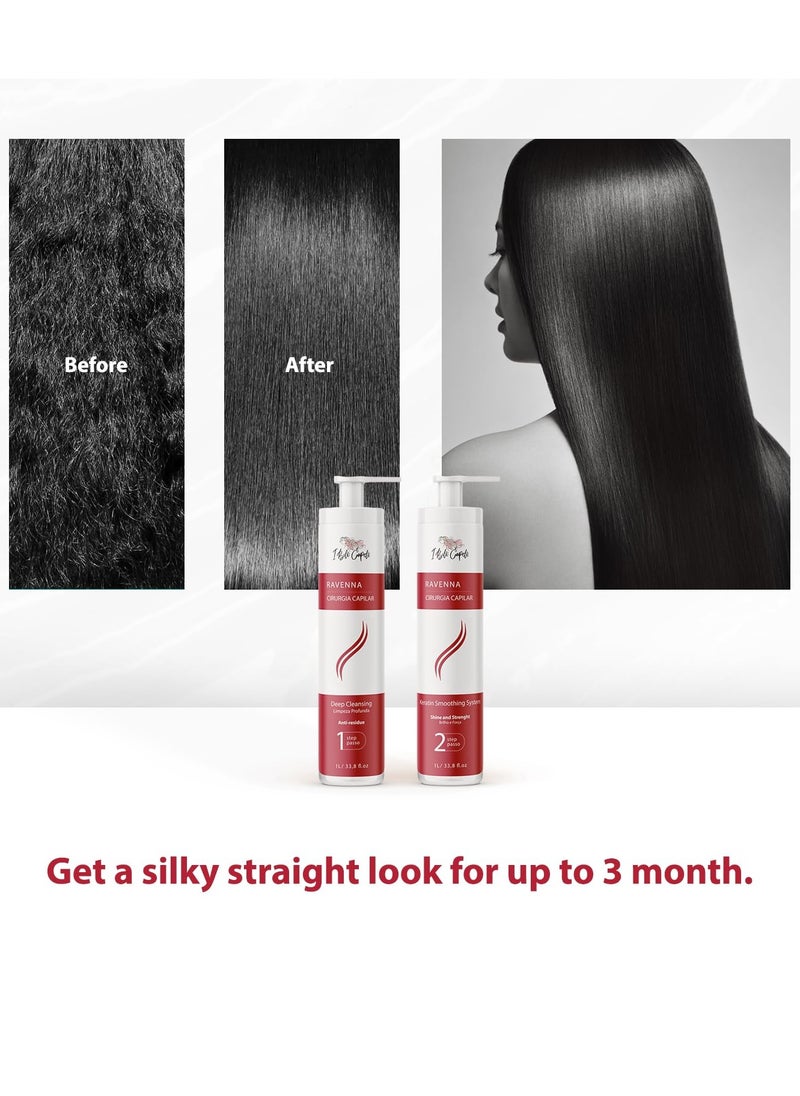 Ravenna Professional Keratin, Long-lasting Straightening Effect - Cirugia Capilar - Celulas Madres Straightener System - 2x1L/33.8
