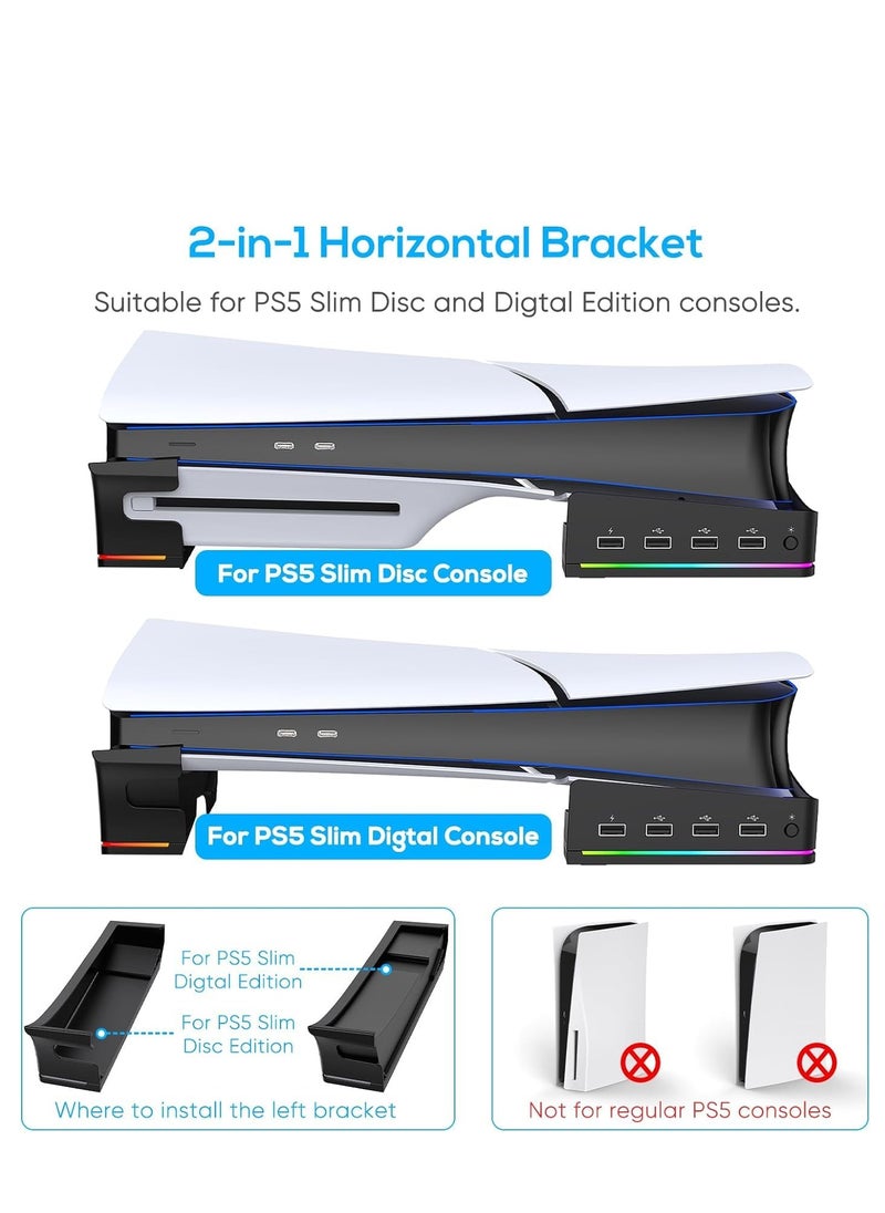 Horizontal Stand Holder for PS5 Slim Console, Non-Slip Base with 14 RGB Light Modes and 4-Port USB Ports for Playstation 5 Slim Disc & Digital Edition