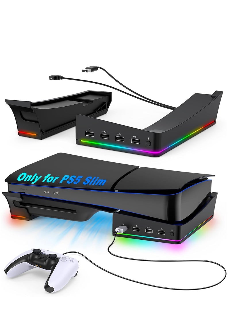 Horizontal Stand Holder for PS5 Slim Console, Non-Slip Base with 14 RGB Light Modes and 4-Port USB Ports for Playstation 5 Slim Disc & Digital Edition