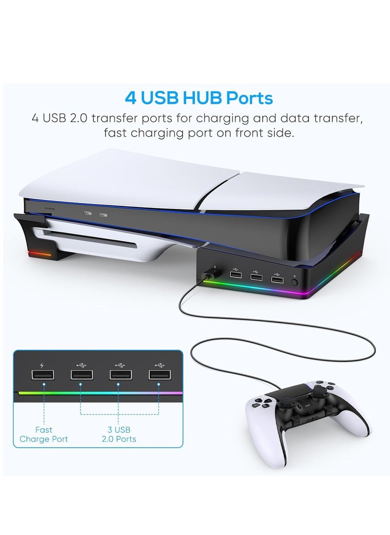 Horizontal Stand Holder for PS5 Slim Console, Non-Slip Base with 14 RGB Light Modes and 4-Port USB Ports for Playstation 5 Slim Disc & Digital Edition