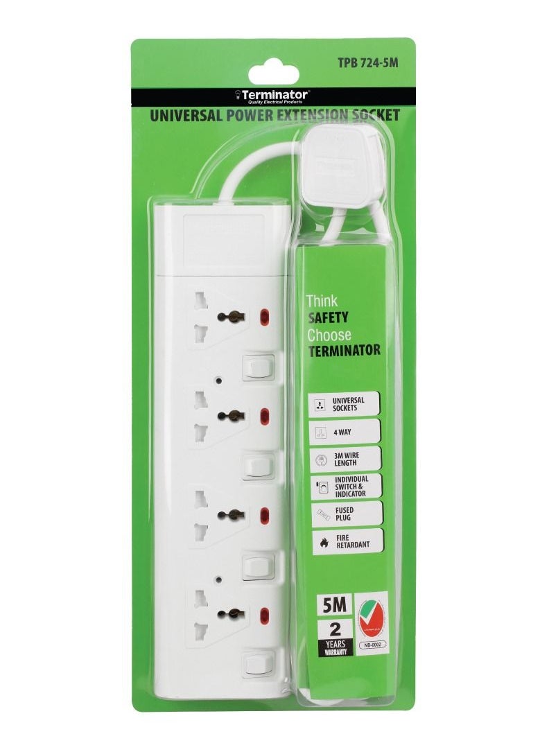 Terminator 4 way 5 meter universal power extension socket - TPB 724-5M