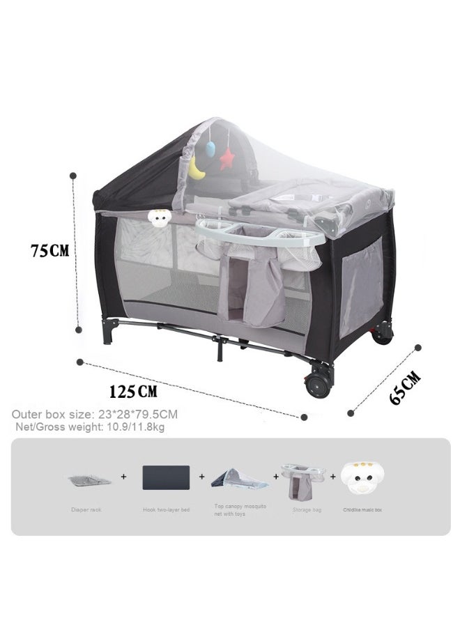 Foldable Baby Bed With Storage Bag, Wheels, Mosquito Net, Mattress, Arch Toy And Changing Table, 110 X 76 X 76 CM,  0 To 3 Years Old